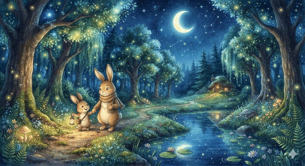 Sleepy Bunny walking through a moonlit forest