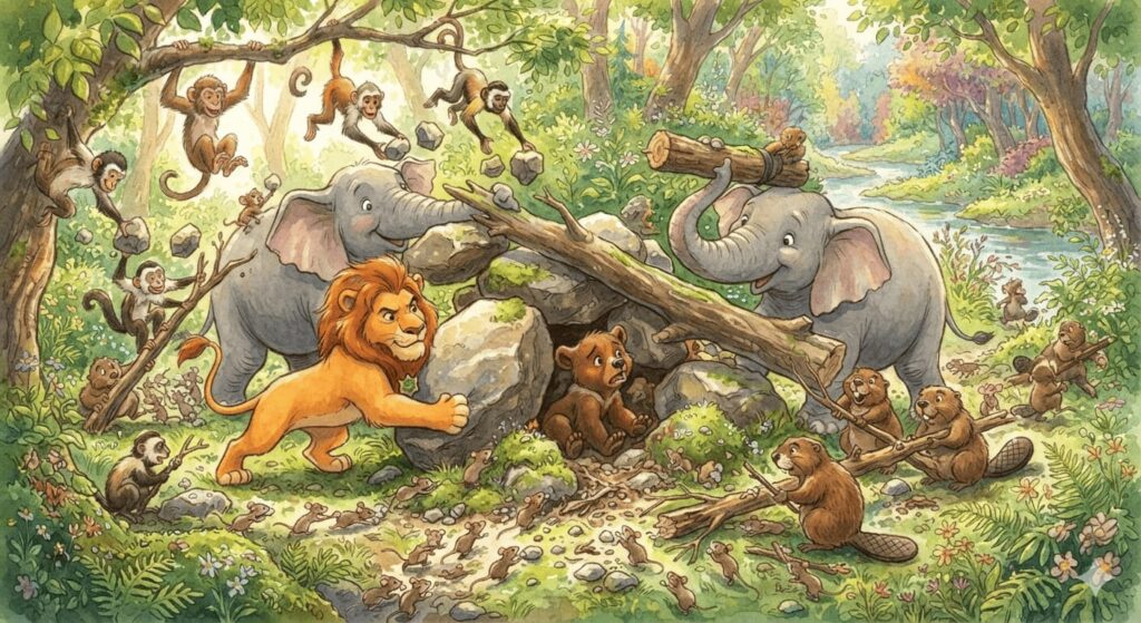 The Brave Lion with Animals rescuing a bear cub
