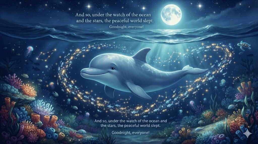 Dolphin Bedtime Ending Friendly Dolphin swimming peacefully at night