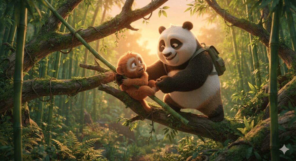 Happy Panda helping a trapped monkey
