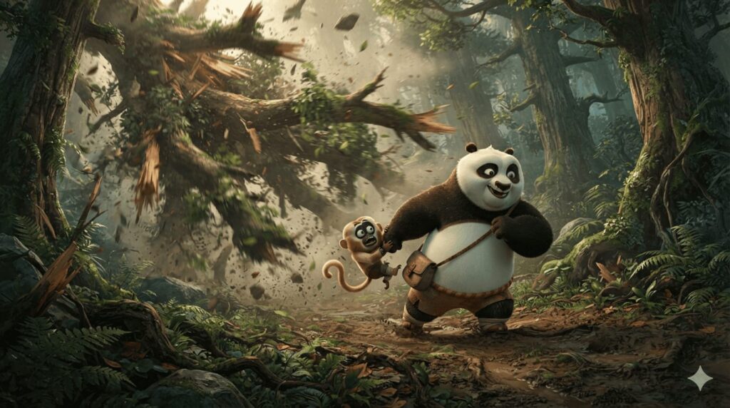 Happy Panda saving a monkey from falling branches