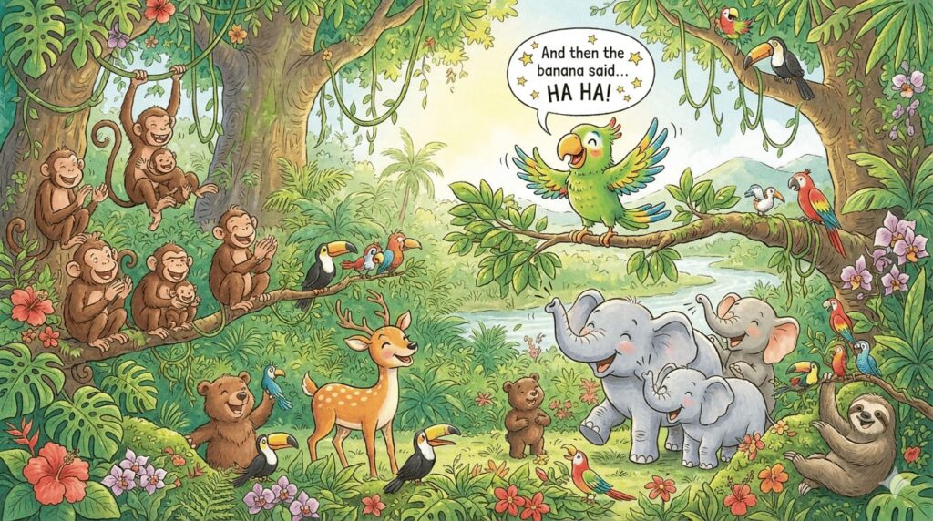 Parrot story scene showing a talking parrot entertaining jungle animals.