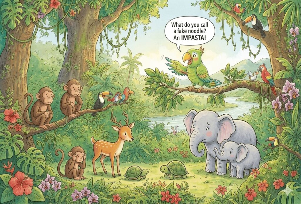 A joke that went too far. Parrot story scene showing a joke making jungle animals feel uncomfortable.