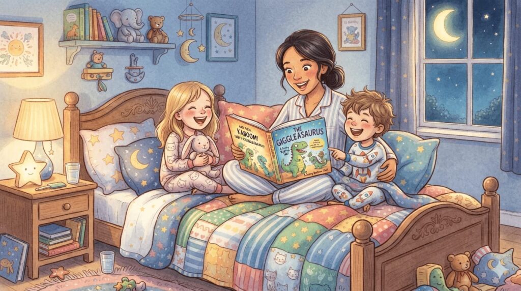 Children laughing while listening to funny bedtime stories.