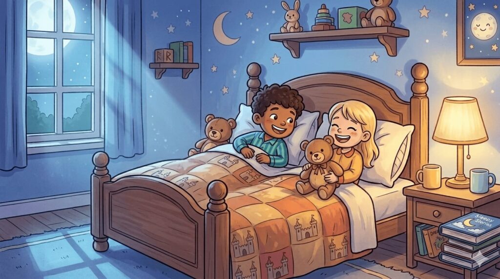 A happy bedtime after laughter. Children smiling after hearing a funny bedtime story.