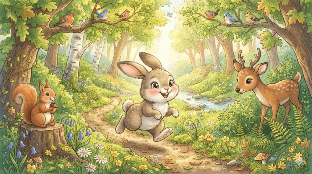 Rabbit story scene showing the mischievous rabbit playing in the forest.
