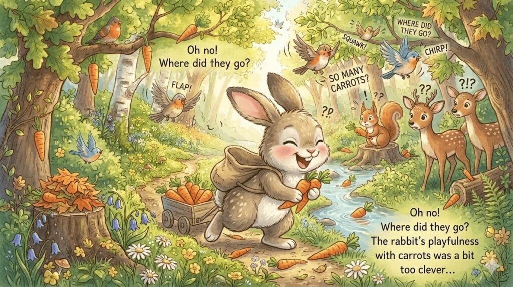 Rabbit story scene showing the mischievous rabbit scattering carrots around the forest.