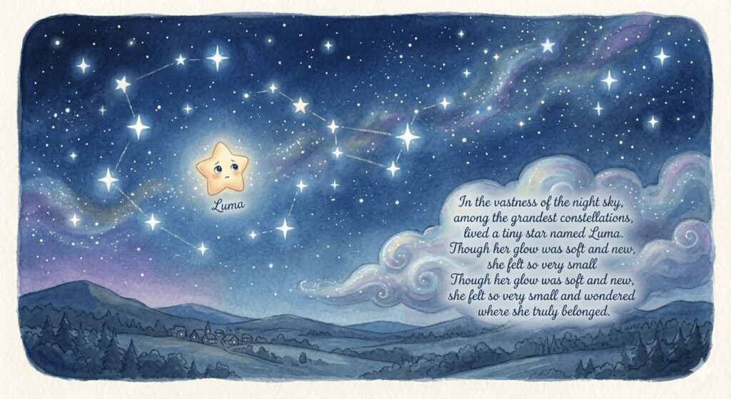 Bedtime stories for kids showing Luma the sleepy little star in the night sky