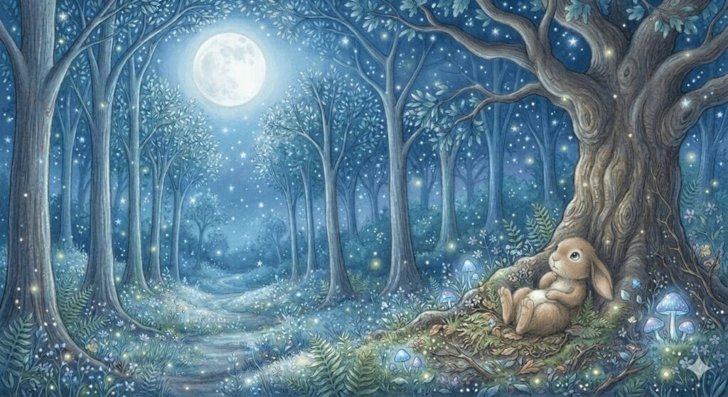 The Rabbit in the Moonlit Forest Forest story featuring a little rabbit awake in a calm moonlit forest