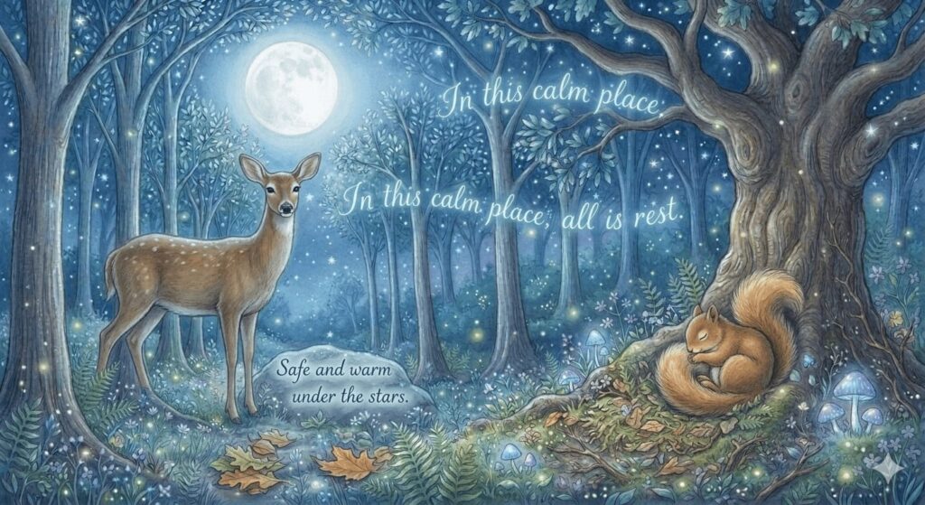 Calm Forest Animals at Night Forest story showing calm forest animals resting under the moonlight