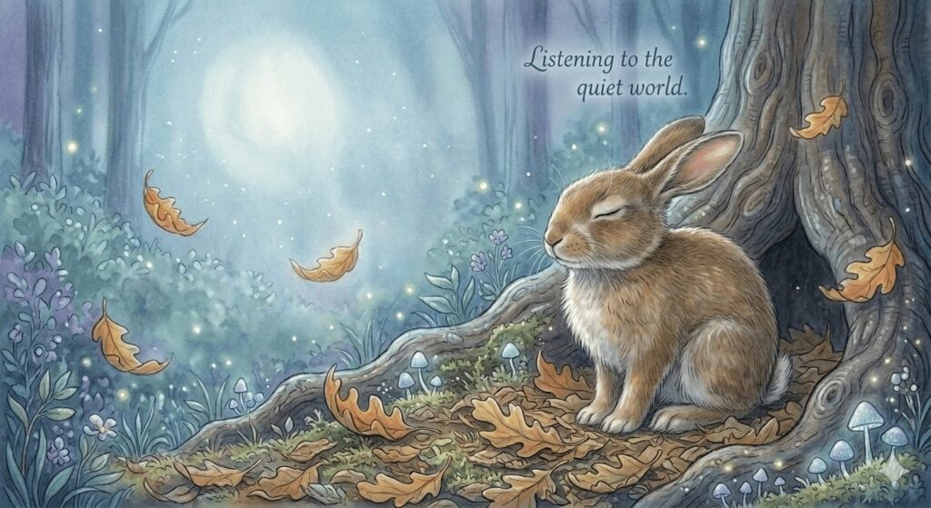 Forest story showing a rabbit listening calmly in a quiet moonlit forest