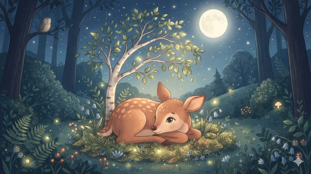 Calming bedtime story showing a young fawn awake beneath a tree in a quiet moonlit forest.