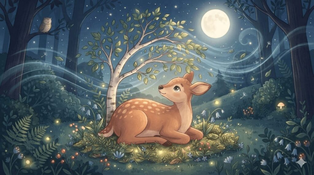 Calming bedtime story scene with a gentle night breeze moving through moonlit trees around a young fawn.