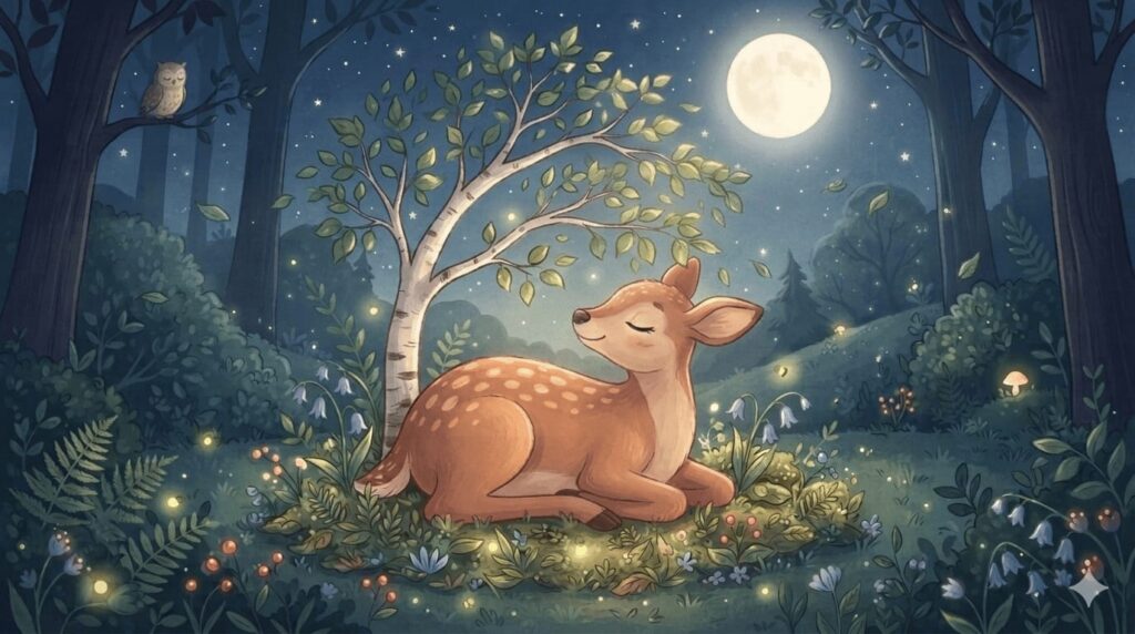 Calming bedtime story showing a young fawn relaxing peacefully in a calm moonlit forest.