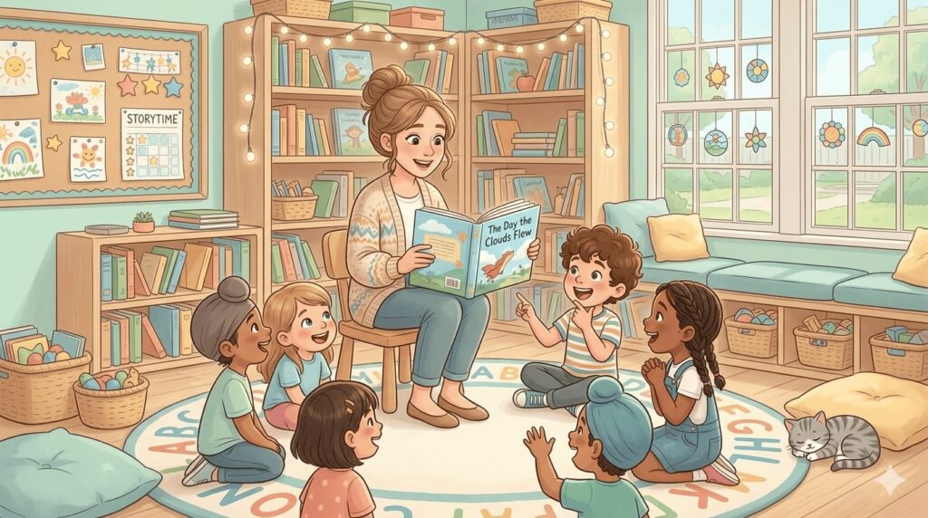 Read aloud stories showing a teacher reading to children during classroom story time.