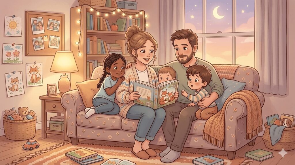 Read aloud stories featuring a family sharing a bedtime story together on a couch.