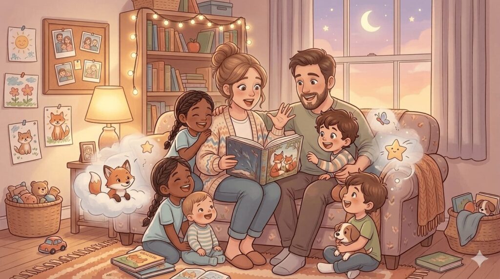 Read aloud stories showing expressive storytelling with children listening closely.