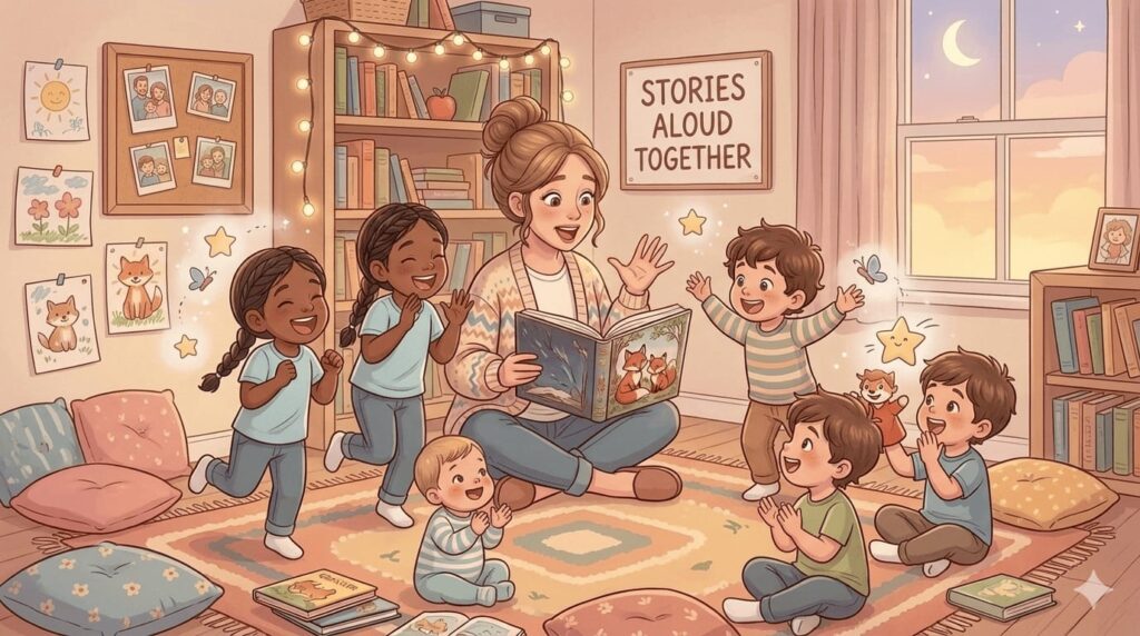 Read aloud stories featuring children participating in an interactive storytime session.