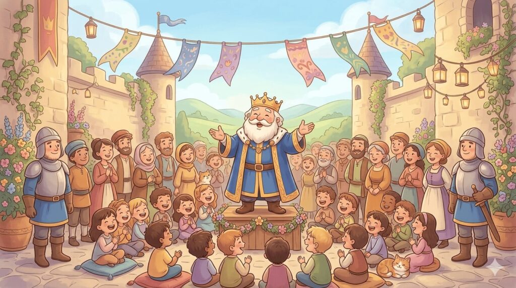 Rhyming story showing King Rhylo entertaining children and townspeople with playful rhymes.