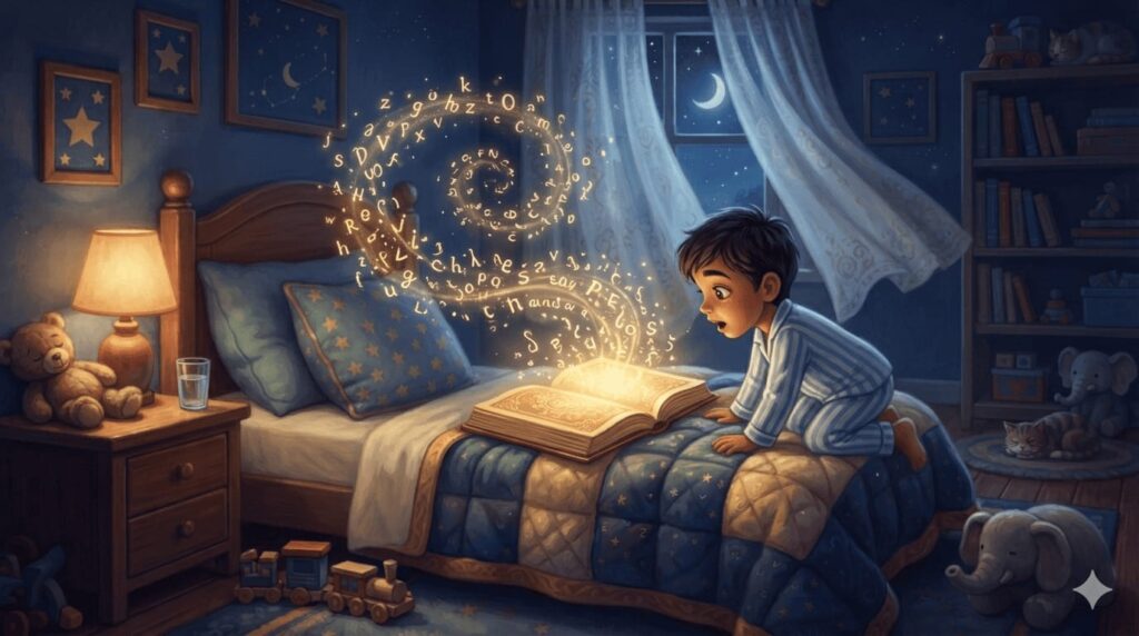 kids story scene with glowing words floating above a book