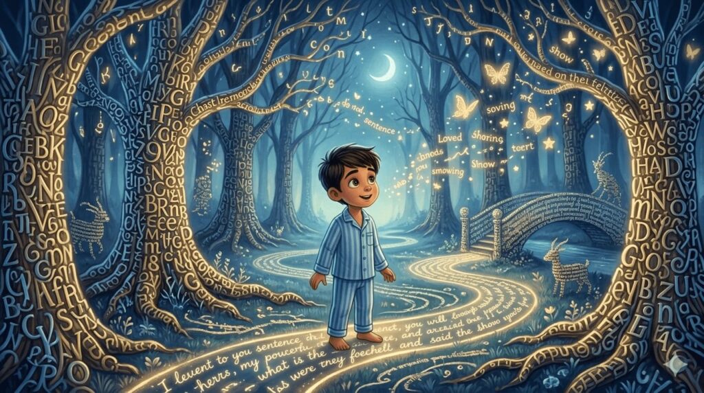 kids story world with glowing trees made of letters