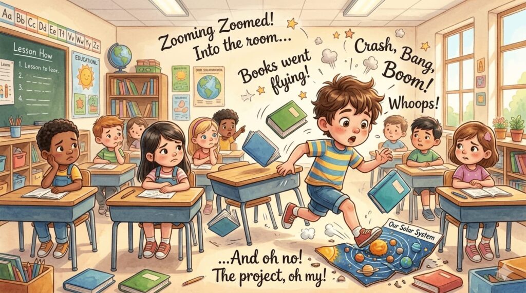Silly Story showing Sami making careless mistakes in the classroom