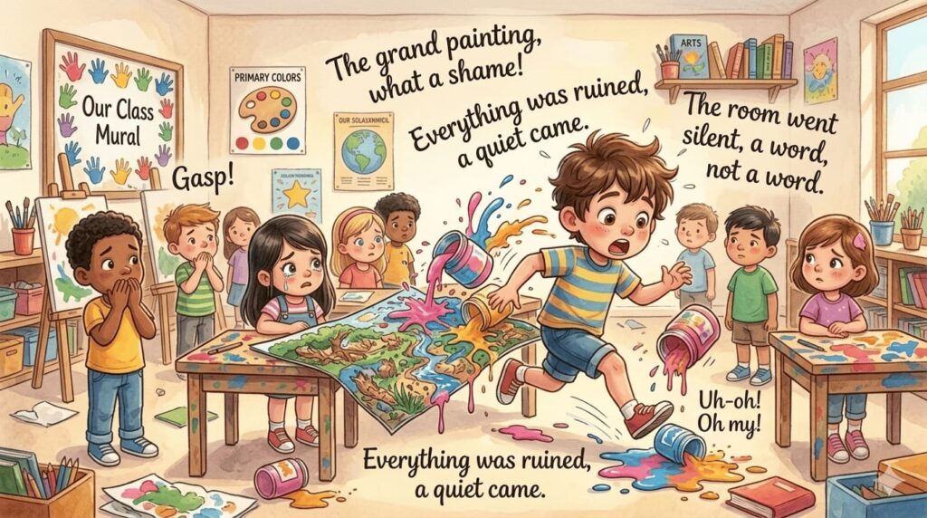 Silly Story where Sami accidentally spills paint on a classmate's artwork
